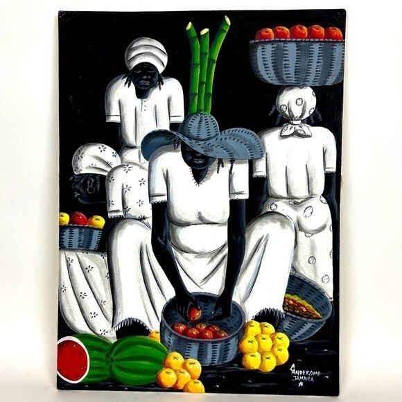 Original Folk Art Painting by Artist C. Anderson Jamaica Market Scene VTG 1996 - Picture 1 of 6